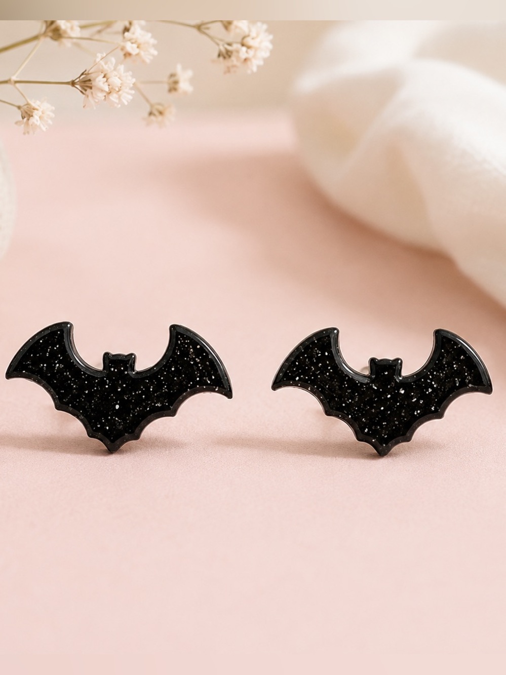Black Glitter Bat Stud Earrings – Spooky Halloween